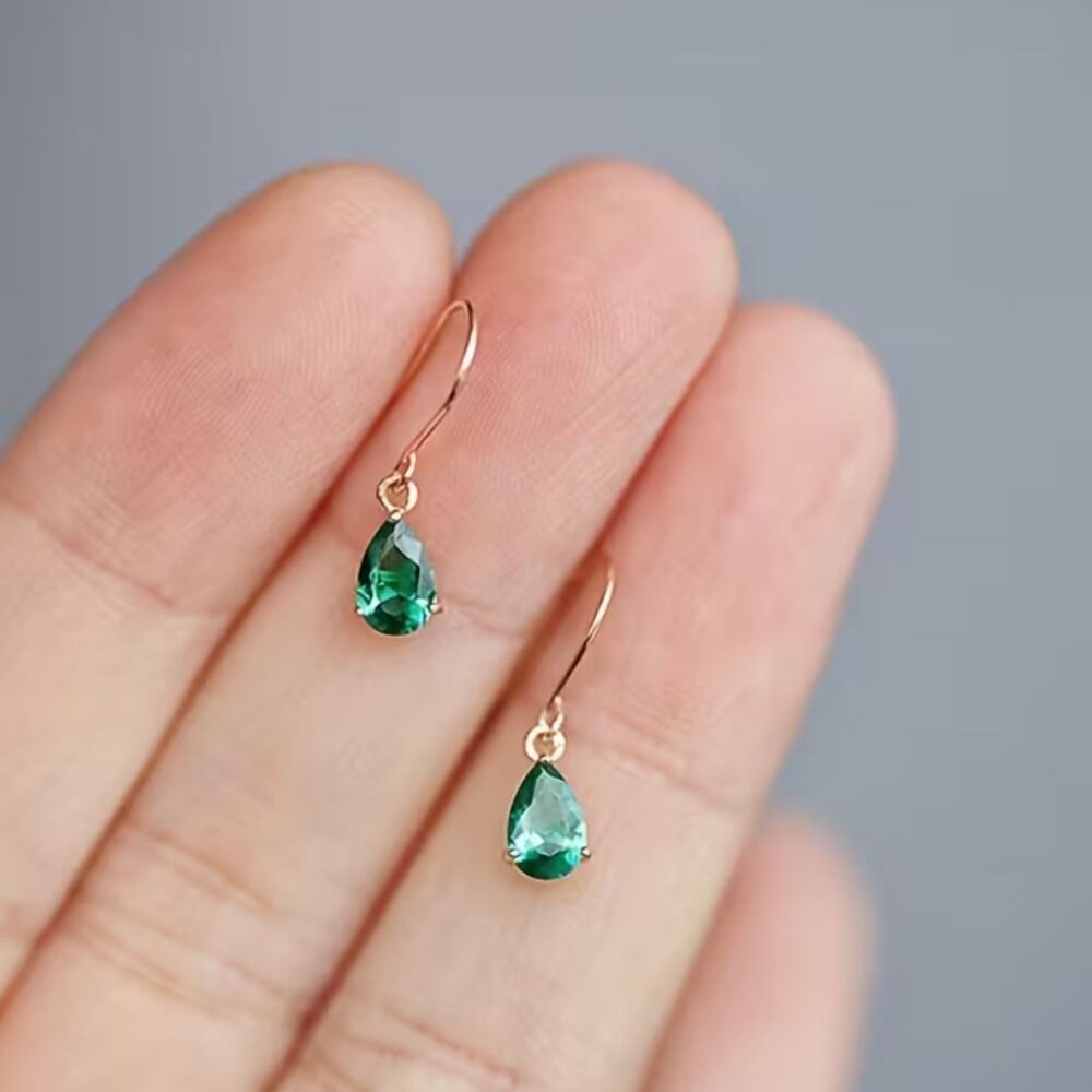 Green Teardrop Zirconia Crystal Drop Earrings Gold Dangle Gemstone Pendant Charm